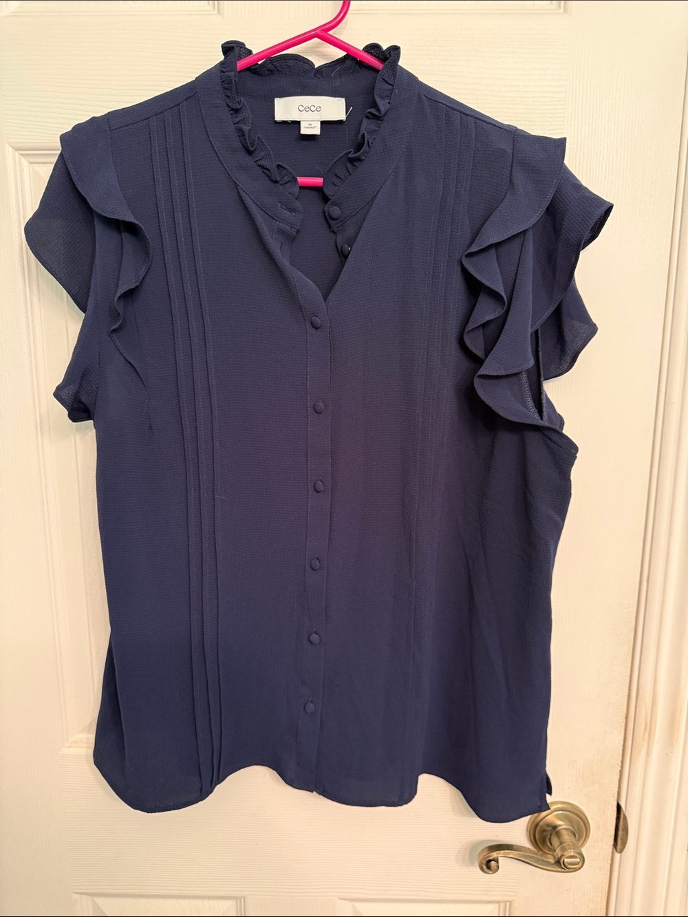 CeCe Navy Ruffle Sleeve Button-Front Blouse